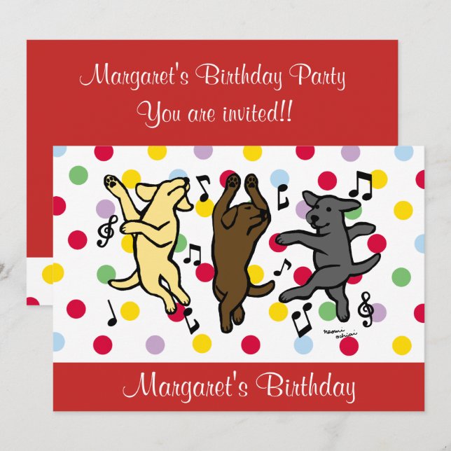 Happy Dancing Labrador Trio Birthday Party Red Invitation (Front/Back)