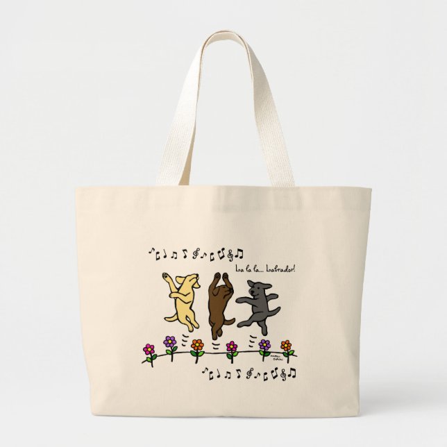Happy Dancing Labrador Trio Cartoon Flowers Large Tote Bag (Front)