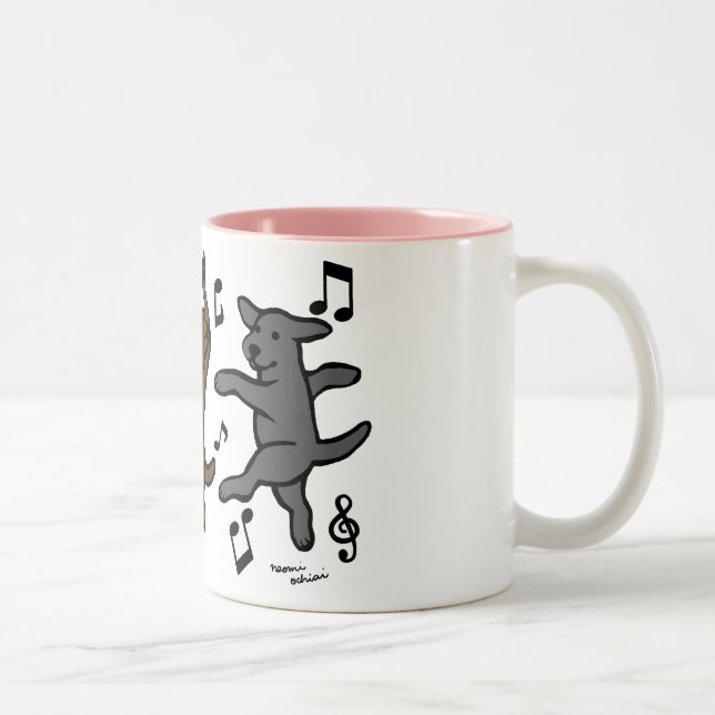 Happy Dancing Labrador Trio Cartoon Two-Tone Coffee Mug (Right)