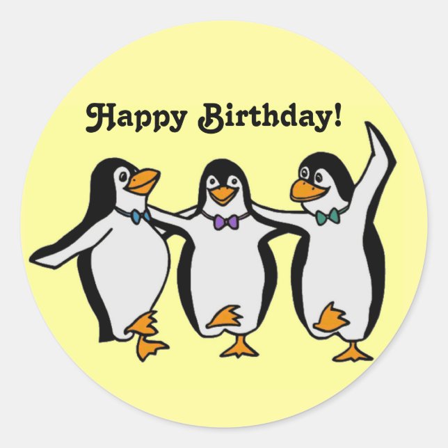 Happy Dancing Penguins Birthday Party Classic Round Sticker (Front)