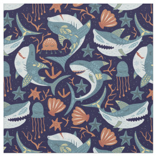 Happy Dancing Sharks on Ocean Blue Fabric