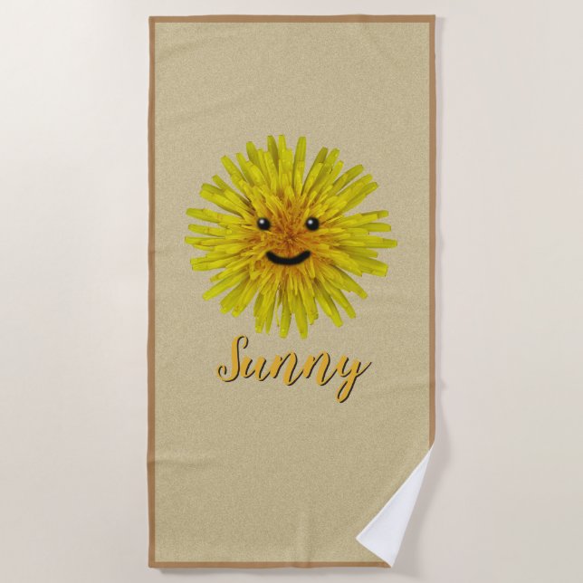 Happy Dandelion on Custom Colour and Custom Text Beach Towel (Front)