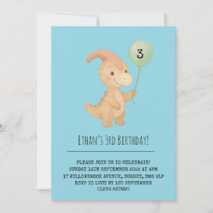 Happy Dino with Curved Crest and Balloon Birthday Invitation