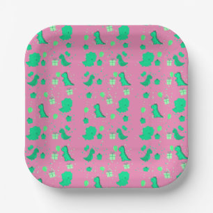 Happy Dinomight Birthday green pink Paper Plate