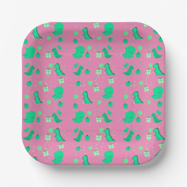 Happy Dinomight Birthday green pink Paper Plate (Front)