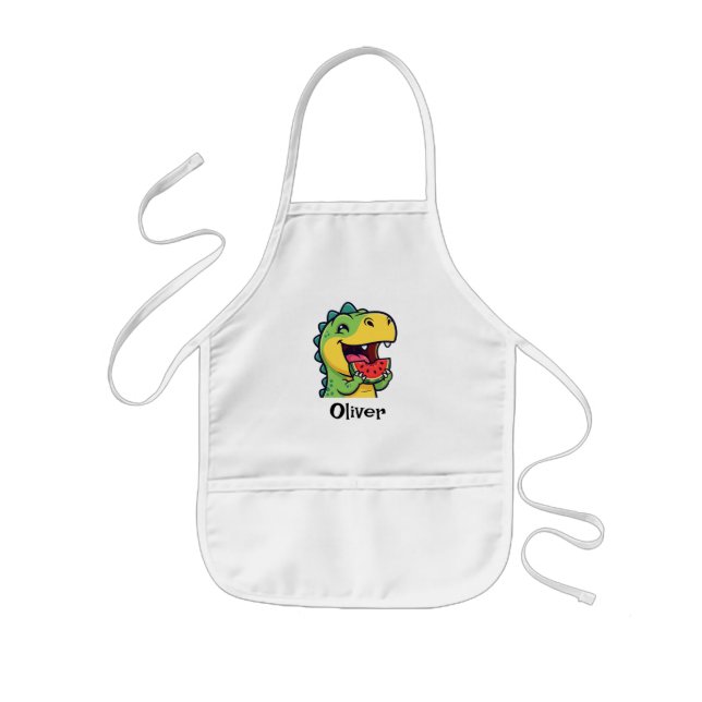 Happy Dinosaur Eating Watermelon Kids Apron (Front)