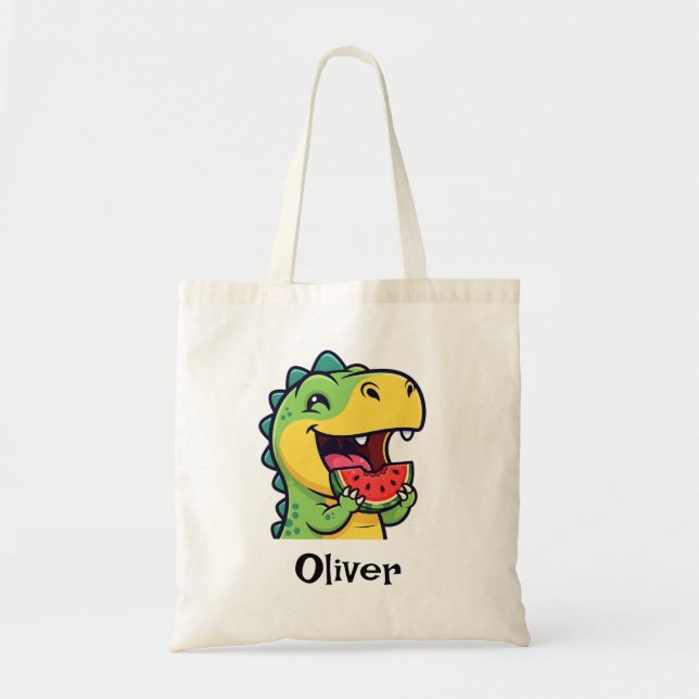 Happy Dinosaur Eating Watermelon Tote Bag (Front)