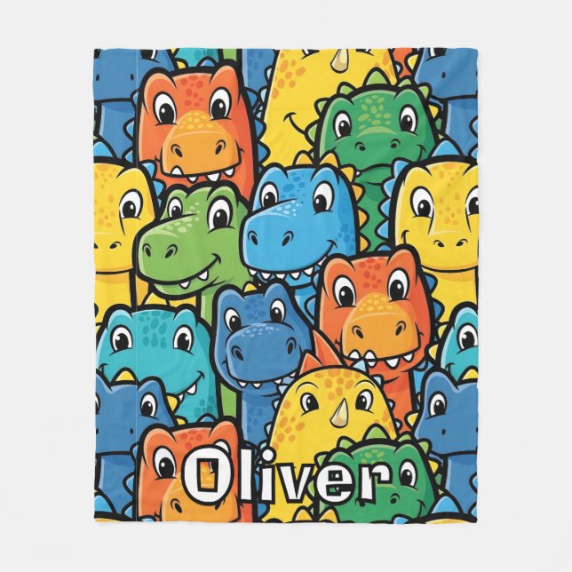 Happy Dinosaur Faces Crowded Pattern Fleece Blanket (Front)