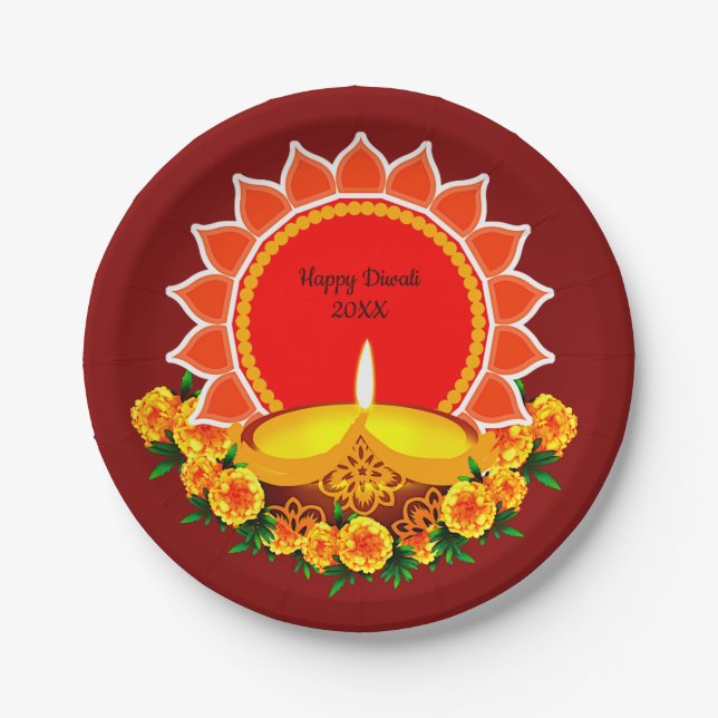 Happy Diwali 20xx Add Year or Text  Marigolds 7" Paper Plate (Front)