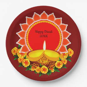 Happy Diwali 20xx Add Year or Text Marigolds 9" P Paper Plate