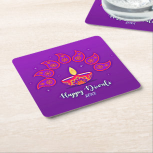 Happy Diwali Add Year 20xx Purple Yellow Red Squa Square Paper Coaster
