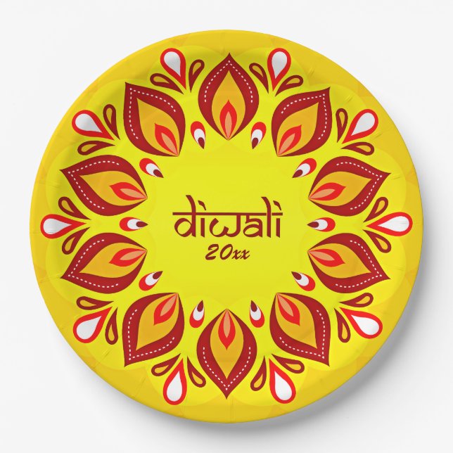 Happy Diwali Add Year Yellow Red 9" Paper Plate (Front)