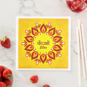 Happy Diwali Add Year Yellow Red Napkin