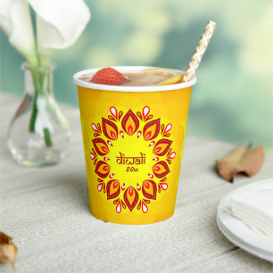 Happy Diwali Add Year Yellow Red Paper Cups