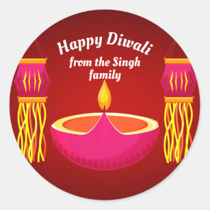 Happy Diwali Beautiful Diya Lantern Red Holiday Classic Round Sticker