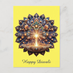 Happy Diwali Blue Gold Diya Festival of Light Holiday Postcard