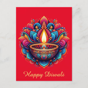 Happy Diwali Colourful Diya Festival of Light Red Holiday Postcard