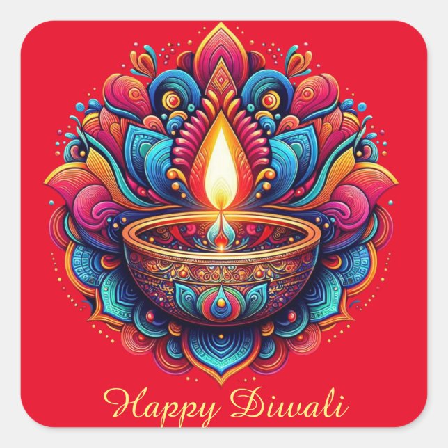 Happy Diwali Colourful Diya Festival of Light Red  Square Sticker (Front)