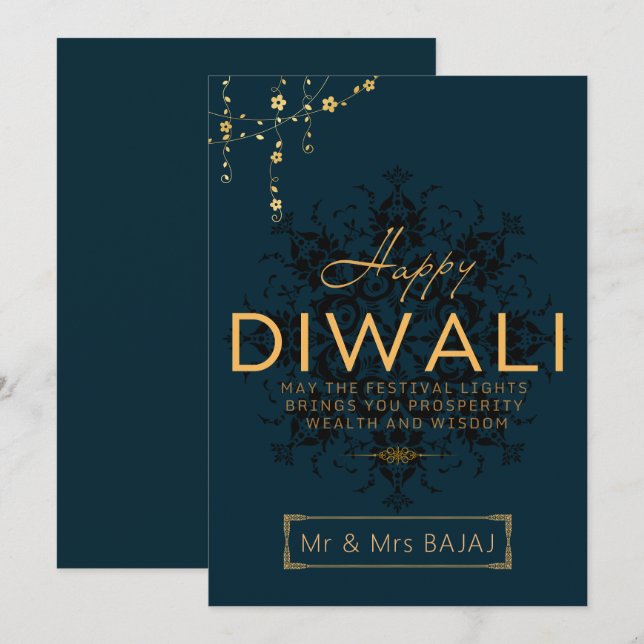 Happy Diwali customisable navy and gold Holiday Card (Front/Back)