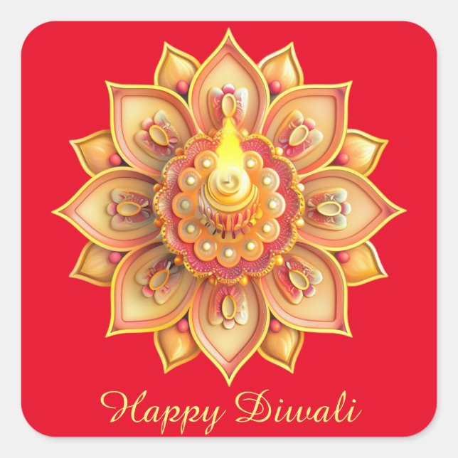 Happy Diwali Diya Festival of Light Gold Red Square Sticker (Front)