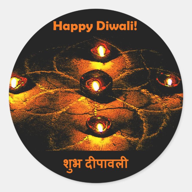 Happy Diwali Diya Lights and Hindi Greeting Classic Round Sticker (Front)