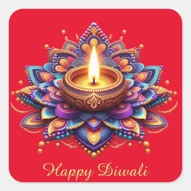 Happy Diwali Diya Rangoli Festival of Light Red Square Sticker (Front)