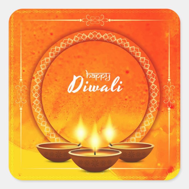 Happy Diwali Diya Yellow Orange Greeting Square Sticker (Front)