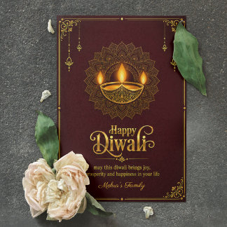 Happy Diwali Elegant Golden Diya Mandala Burgundy Card