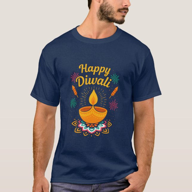 Happy Diwali Festival Design | Diya & Fireworks  T-Shirt (Front)