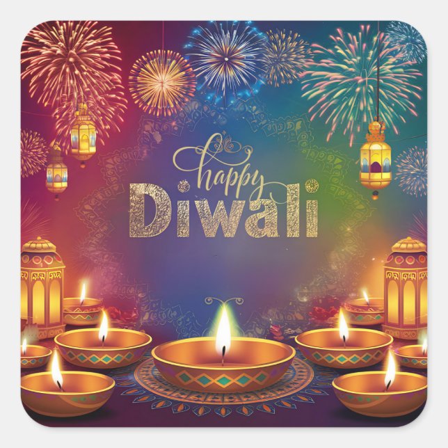  Happy Diwali Firework Diya Festival of Light Square Sticker (Front)