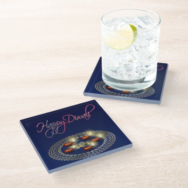 Happy Diwali Ganesha Rangoli - Glass Coaster (Angled)