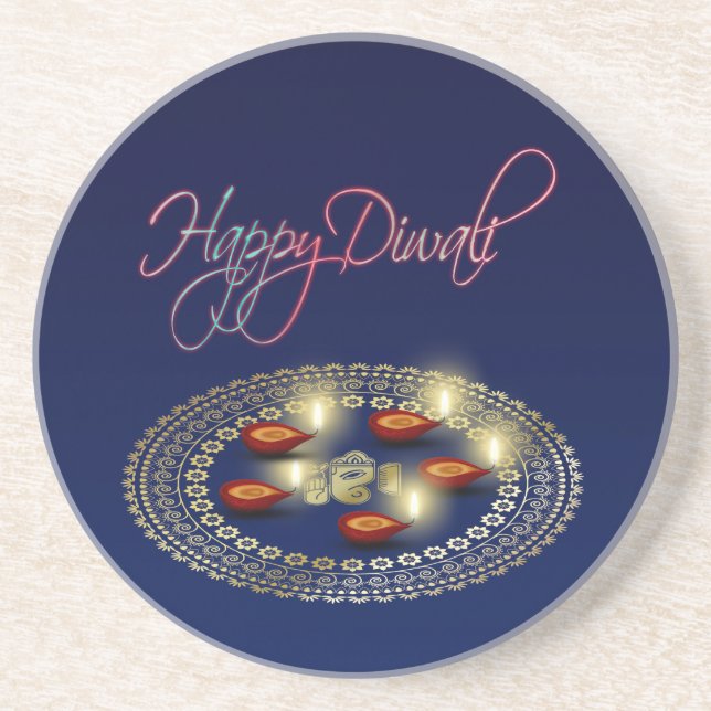 Happy Diwali Ganesha Rangoli - Sandstone Coaster (Front)
