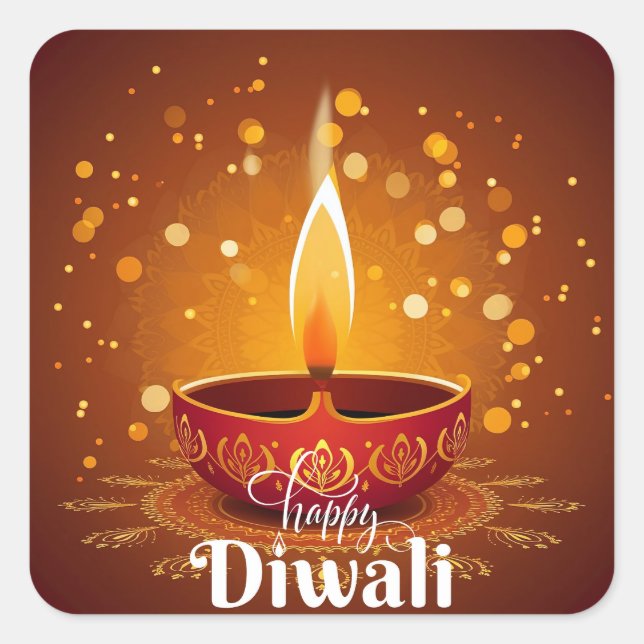 Happy Diwali Glowing Red Diya Festival of Light Square Sticker (Front)