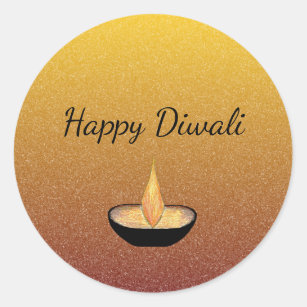 Happy Diwali Gold Glitter Diya Flame Lamp Elegant Classic Round Sticker