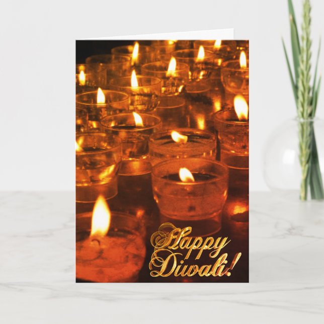 Happy Diwali Golden Typography Candles Lights Card (Front)