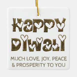 Happy Diwali Greeting Cute Hearts Typography Ceramic Ornament