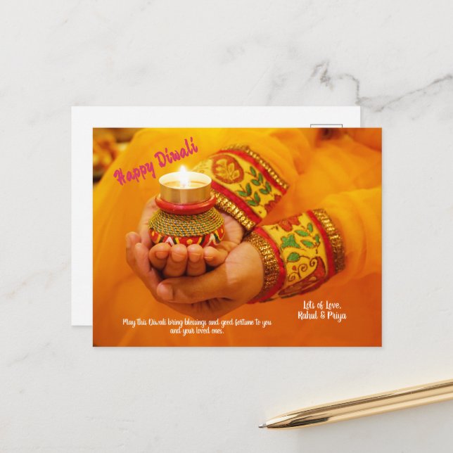 Happy Diwali Greeting Diya lamp lights hand yellow Holiday Postcard (Front/Back In Situ)