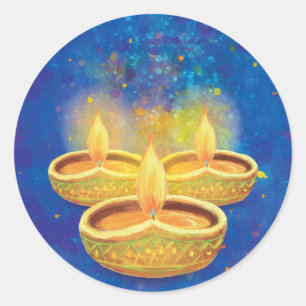 Happy Diwali hand painted illuminating candles Classic Round Sticker