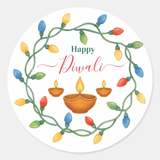 Happy Diwali Lights and Diyas Design Classic Round Sticker (Front)