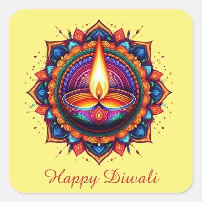 Happy Diwali Mandala Diya Festival of Light Yellow Square Sticker (Front)