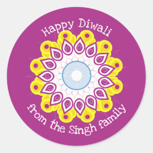 Happy Diwali Mandala Magenta Yellow Custom Family Classic Round Sticker