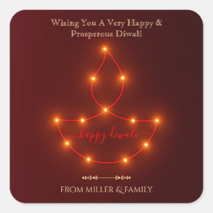 Happy Diwali Oil Lamp of Glowing String Lights Square Sticker