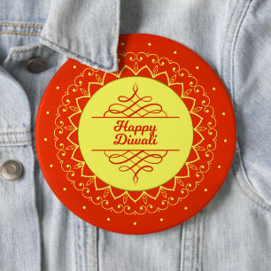 Happy Diwali Orange Cream Mandala Modern 6 Inch Round Button