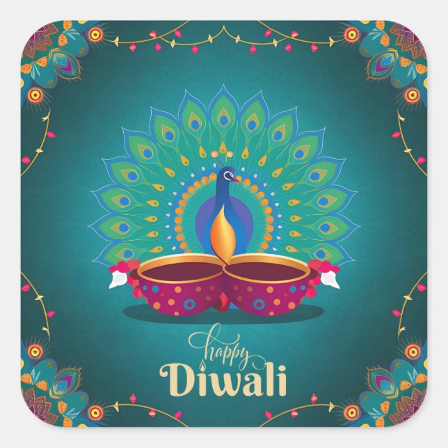 Happy Diwali Peacock Diya Festival of Light Blue Square Sticker (Front)