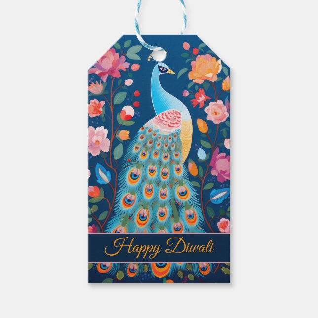 Happy Diwali Peacock & Flowers Gift Tags (Front)