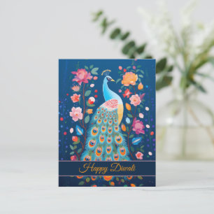 Happy Diwali Peacock & Flowers Holiday Postcard