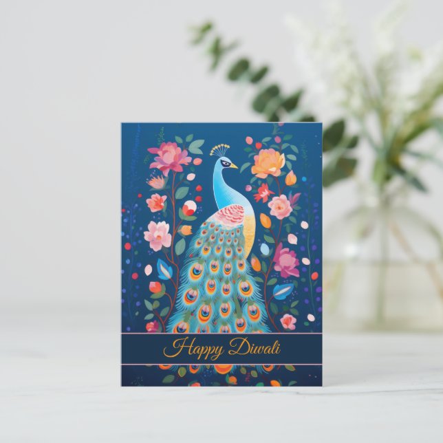Happy Diwali Peacock & Flowers Holiday Postcard (Standing Front)