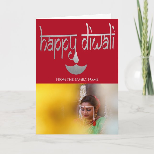 Happy Diwali Photo Personalized Silver And Red Card (Front)