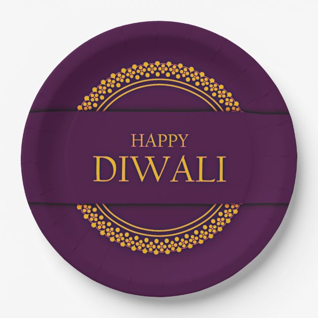 Happy Diwali Purple Gold Elegant 9" Paper Plate (Front)