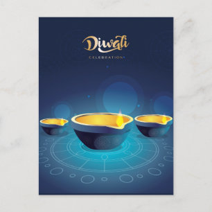 Happy Diwali Rangoli Blue Diya Festival of Light Holiday Postcard